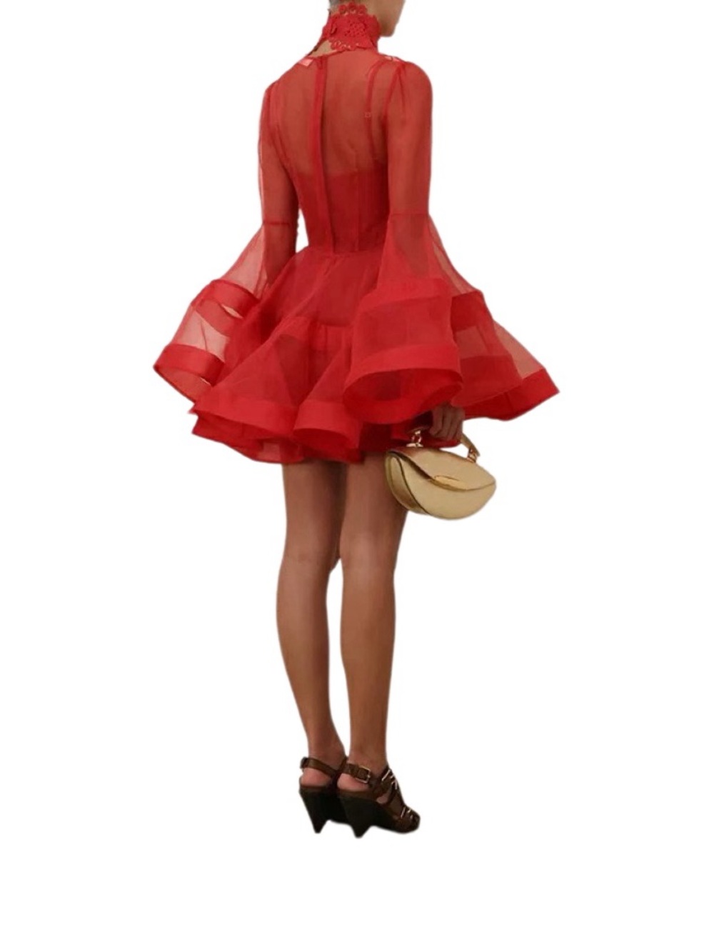 Designer-style Sheer Lantern Chiffon Red Bell-Sleeve Mini Dress - Picture 3 of 7